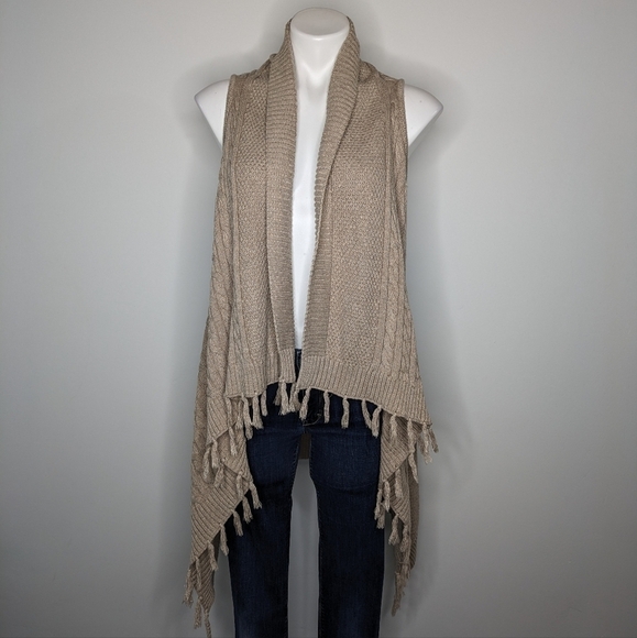 Matilda Jane tan cable knit fringe open cardigan sweater S - Picture 1 of 9